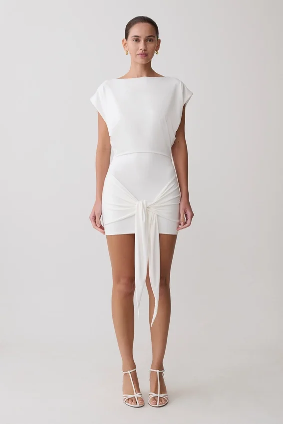 Maiara Shortsleeve Slinky Tie Mini Dress – White Maiara Shortsleeve Slinky Tie Mini Dress – White