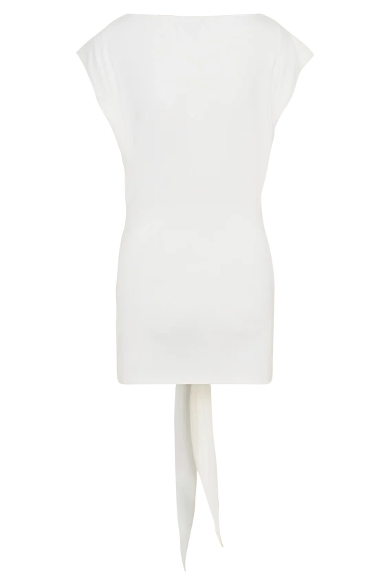 Maiara Shortsleeve Slinky Tie Mini Dress – White Maiara Shortsleeve Slinky Tie Mini Dress – White
