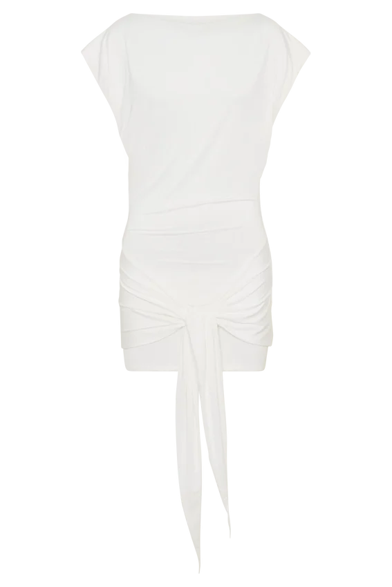 Maiara Shortsleeve Slinky Tie Mini Dress – White Maiara Shortsleeve Slinky Tie Mini Dress – White