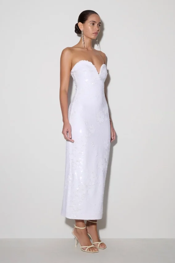 Maisie Strapless Sequin Midi Dress – White Maisie Strapless Sequin Midi Dress – White