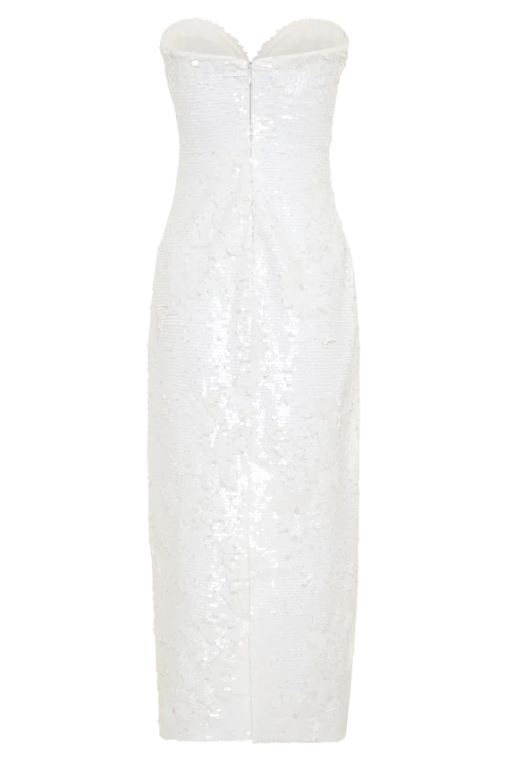 Maisie Strapless Sequin Midi Dress – White Maisie Strapless Sequin Midi Dress – White