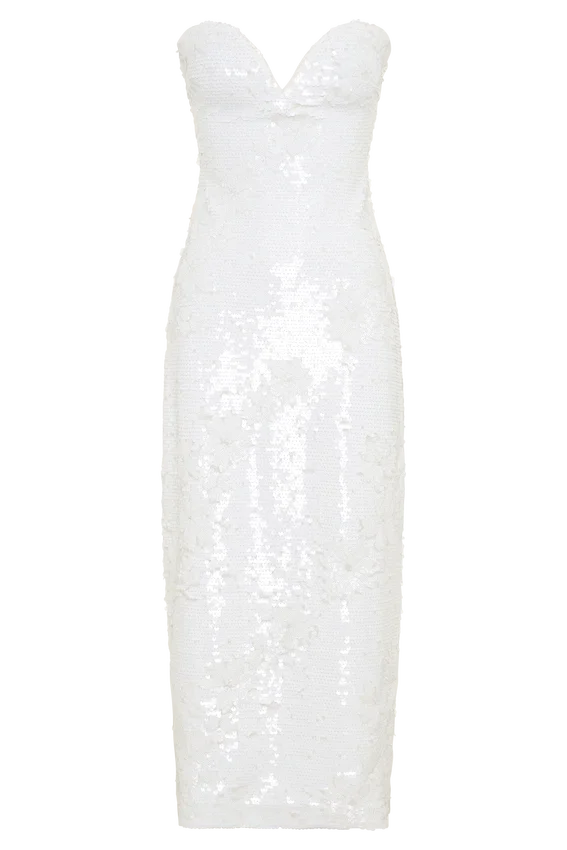 Maisie Strapless Sequin Midi Dress – White Maisie Strapless Sequin Midi Dress – White