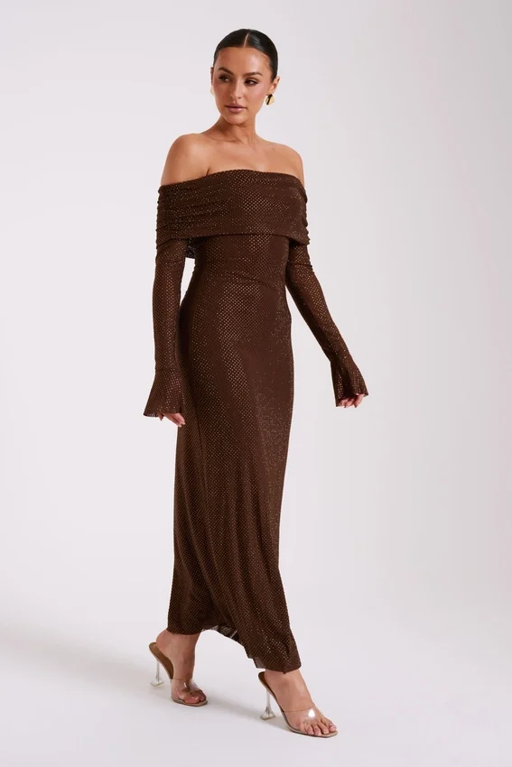 Marcel Off Shoulder Diamante Maxi Dress – Chocolate Marcel Off Shoulder Diamante Maxi Dress – Chocolate
