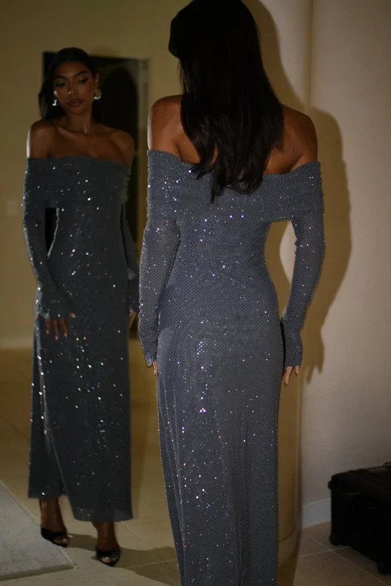 Marcel Off Shoulder Diamante Maxi Dress – Gunmetal Marcel Off Shoulder Diamante Maxi Dress – Gunmetal