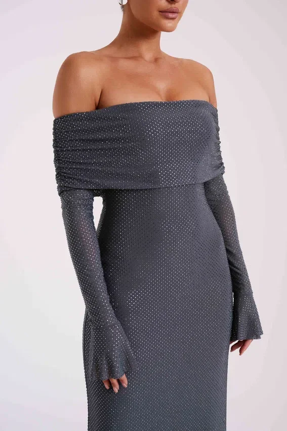 Marcel Off Shoulder Diamante Maxi Dress – Gunmetal Marcel Off Shoulder Diamante Maxi Dress – Gunmetal