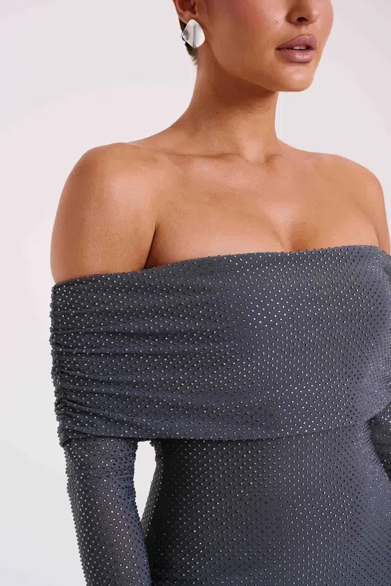 Marcel Off Shoulder Diamante Maxi Dress – Gunmetal Marcel Off Shoulder Diamante Maxi Dress – Gunmetal
