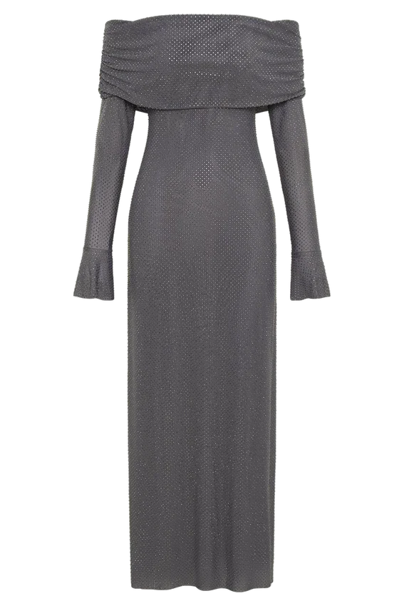 Marcel Off Shoulder Diamante Maxi Dress – Gunmetal Marcel Off Shoulder Diamante Maxi Dress – Gunmetal