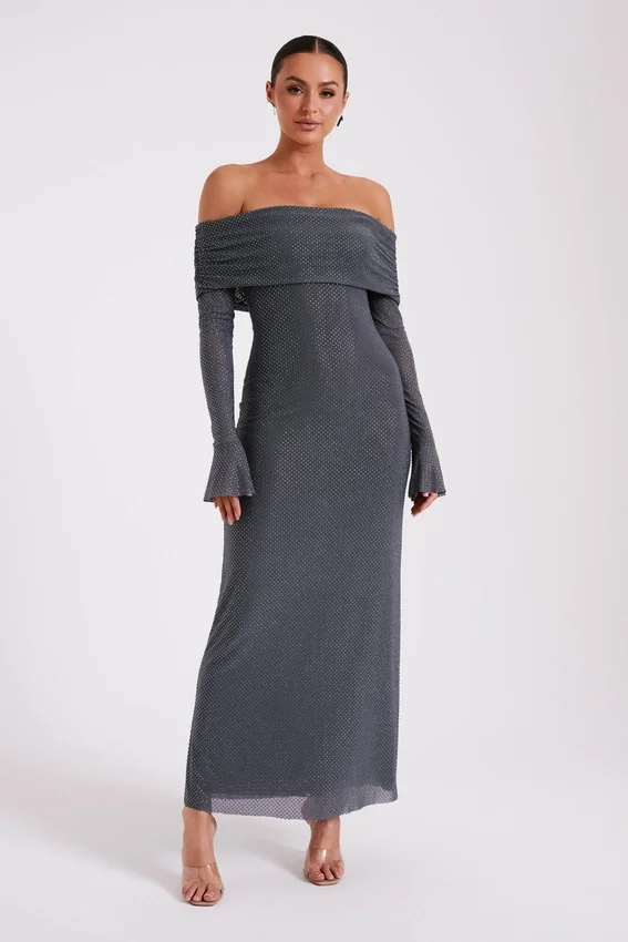 Marcel Off Shoulder Diamante Maxi Dress – Gunmetal Marcel Off Shoulder Diamante Maxi Dress – Gunmetal