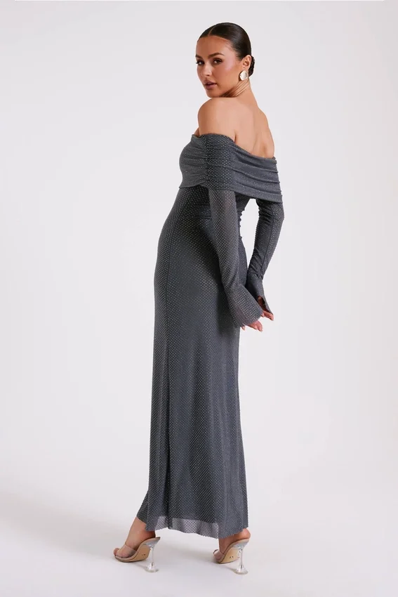 Marcel Off Shoulder Diamante Maxi Dress – Gunmetal Marcel Off Shoulder Diamante Maxi Dress – Gunmetal