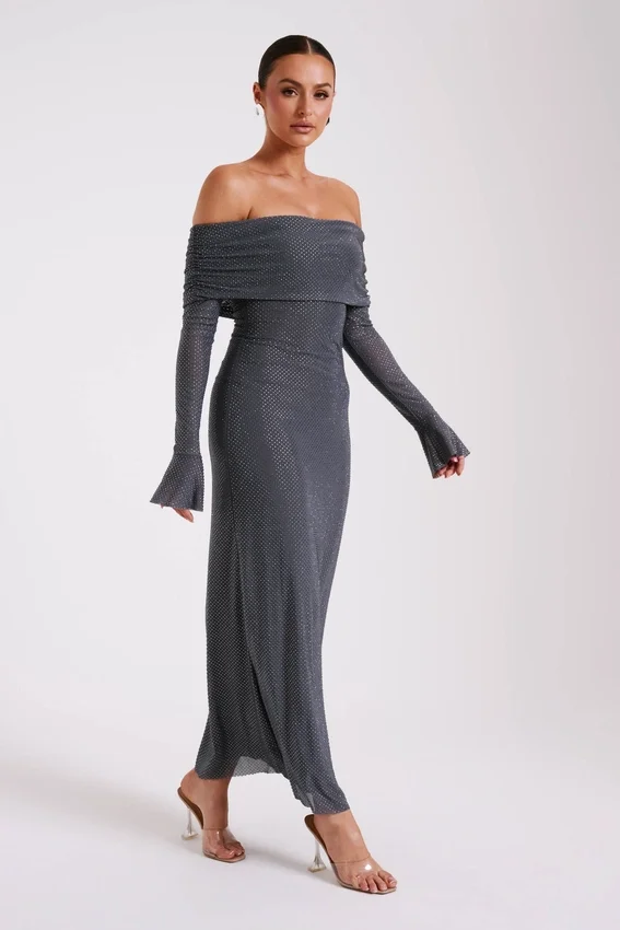 Marcel Off Shoulder Diamante Maxi Dress – Gunmetal Marcel Off Shoulder Diamante Maxi Dress – Gunmetal