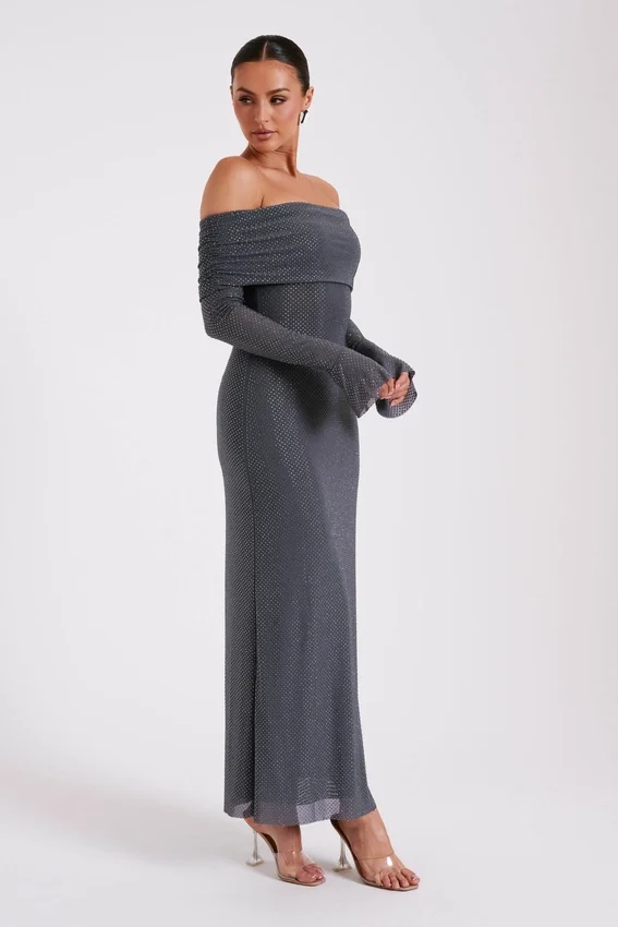 Marcel Off Shoulder Diamante Maxi Dress – Gunmetal Marcel Off Shoulder Diamante Maxi Dress – Gunmetal