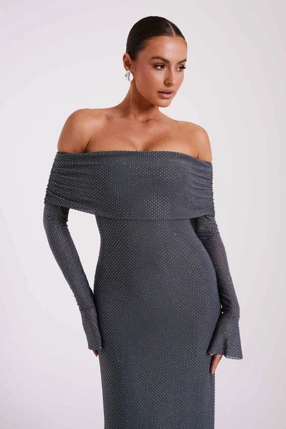 Marcel Off Shoulder Diamante Maxi Dress – Gunmetal Marcel Off Shoulder Diamante Maxi Dress – Gunmetal