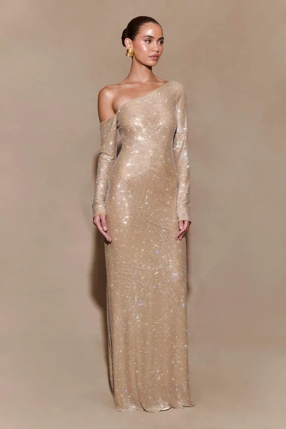 Marcia Diamante Long Sleeve Maxi Dress – Nude Marcia Diamante Long Sleeve Maxi Dress – Nude