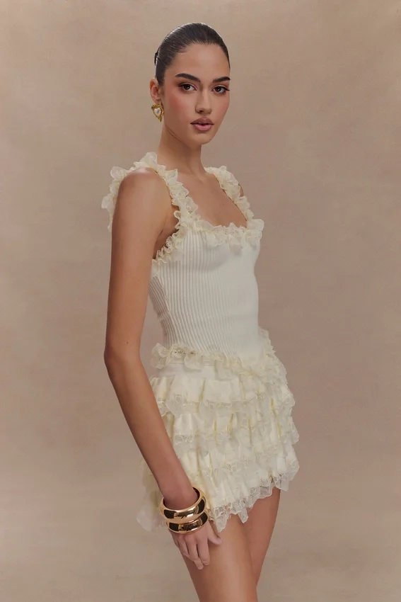 Margaret Lace Ruffle Mini Skort – Cream Margaret Lace Ruffle Mini Skort – Cream
