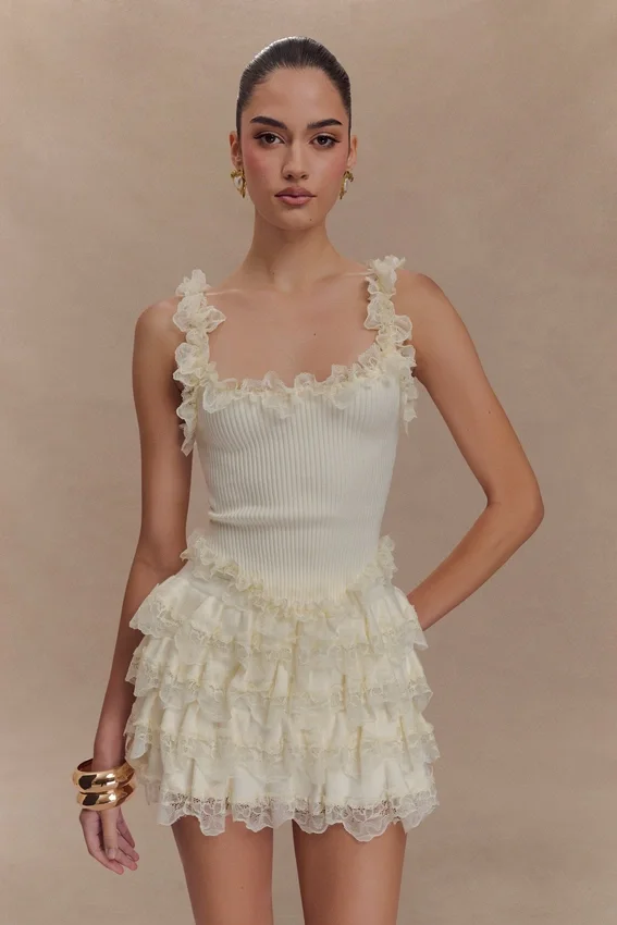Margaret Lace Ruffle Mini Skort – Cream Margaret Lace Ruffle Mini Skort – Cream