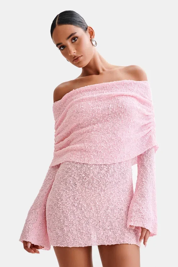 Marisol Off Shoulder Boucle Mini Dress – Baby Pink Marisol Off Shoulder Boucle Mini Dress – Baby Pink