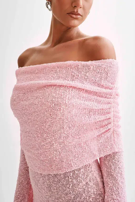 Marisol Off Shoulder Boucle Mini Dress – Baby Pink Marisol Off Shoulder Boucle Mini Dress – Baby Pink