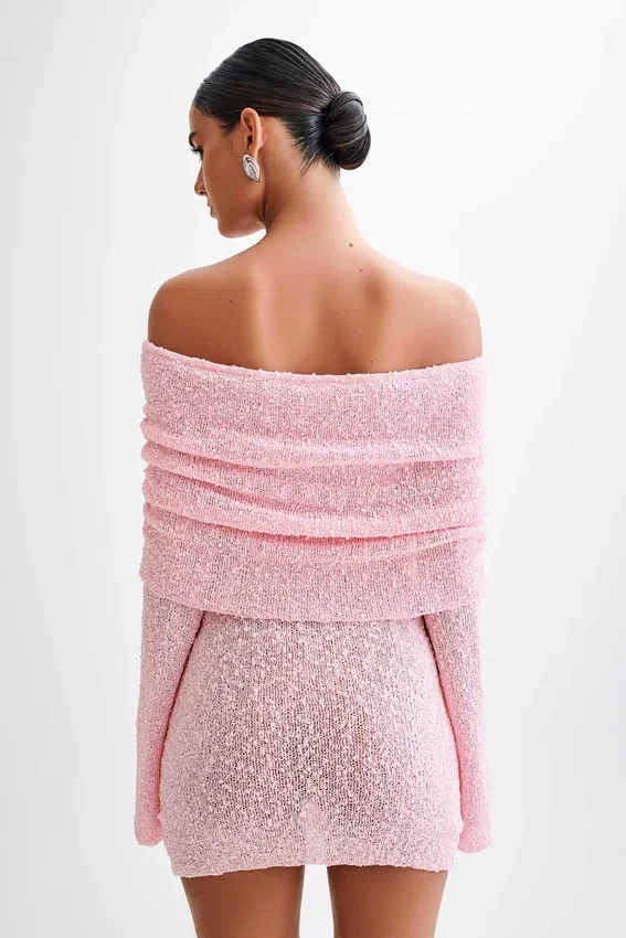 Marisol Off Shoulder Boucle Mini Dress – Baby Pink Marisol Off Shoulder Boucle Mini Dress – Baby Pink