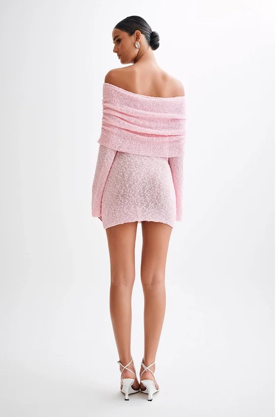 Marisol Off Shoulder Boucle Mini Dress – Baby Pink Marisol Off Shoulder Boucle Mini Dress – Baby Pink