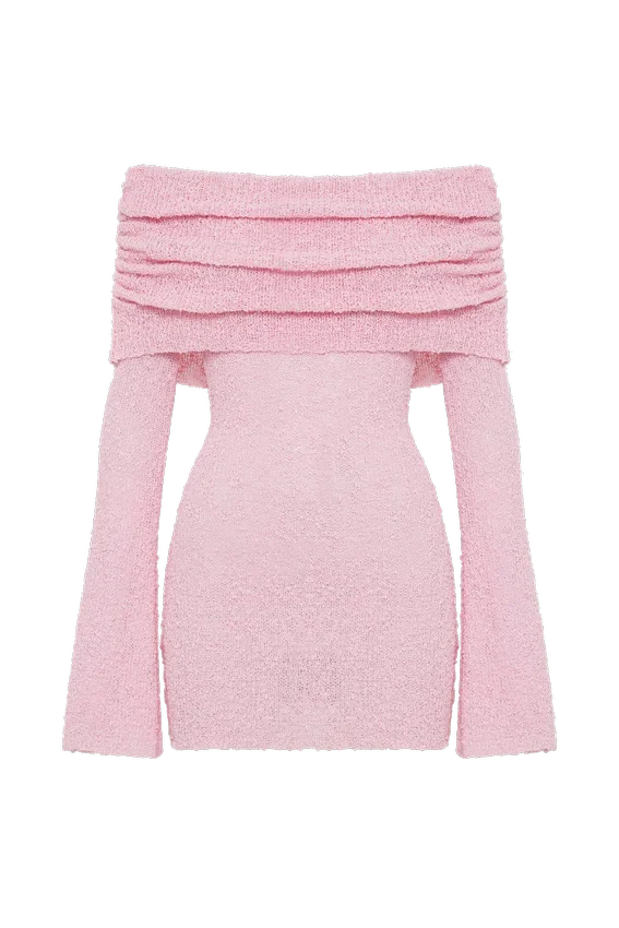 Marisol Off Shoulder Boucle Mini Dress – Baby Pink Marisol Off Shoulder Boucle Mini Dress – Baby Pink
