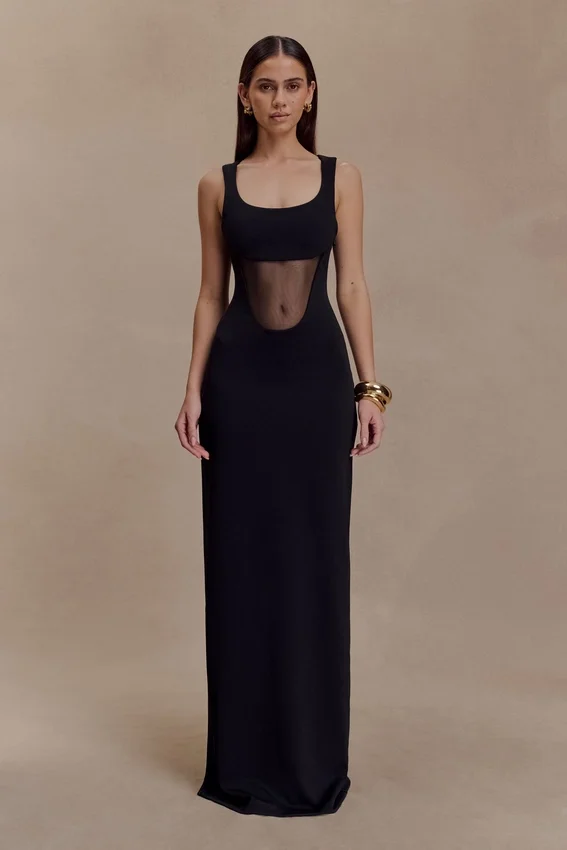 Marlon Crepe And Mesh Maxi Dress – Black Marlon Crepe And Mesh Maxi Dress – Black