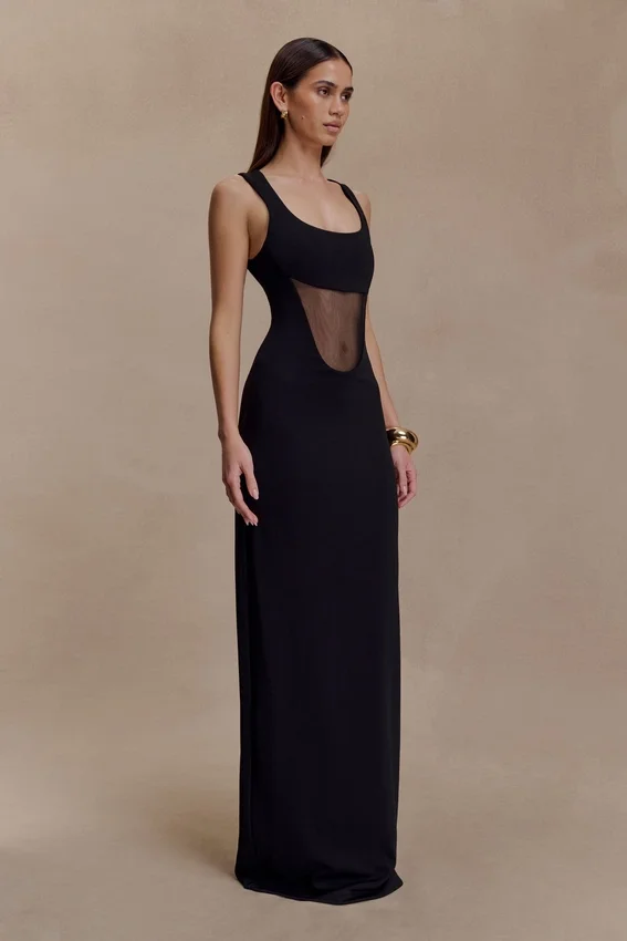 Marlon Crepe And Mesh Maxi Dress – Black Marlon Crepe And Mesh Maxi Dress – Black