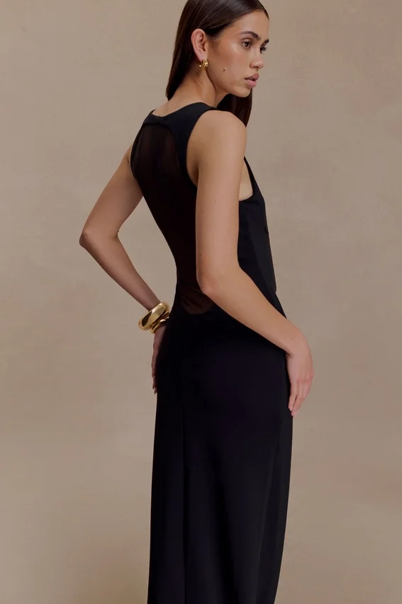 Marlon Crepe And Mesh Maxi Dress – Black Marlon Crepe And Mesh Maxi Dress – Black