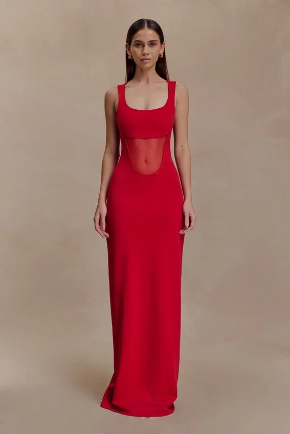 Marlon Crepe And Mesh Maxi Dress – Cherry Red Marlon Crepe And Mesh Maxi Dress – Cherry Red