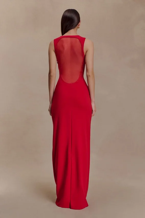 Marlon Crepe And Mesh Maxi Dress – Cherry Red Marlon Crepe And Mesh Maxi Dress – Cherry Red
