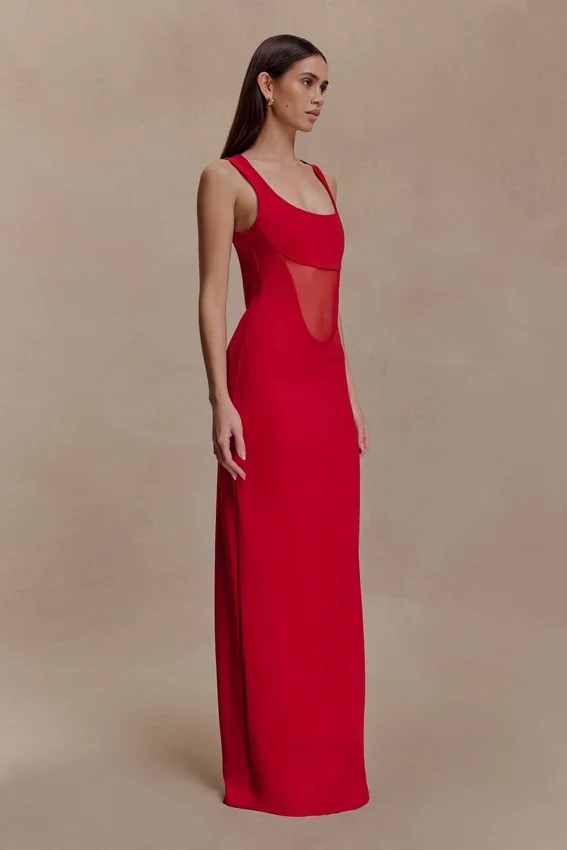 Marlon Crepe And Mesh Maxi Dress – Cherry Red Marlon Crepe And Mesh Maxi Dress – Cherry Red