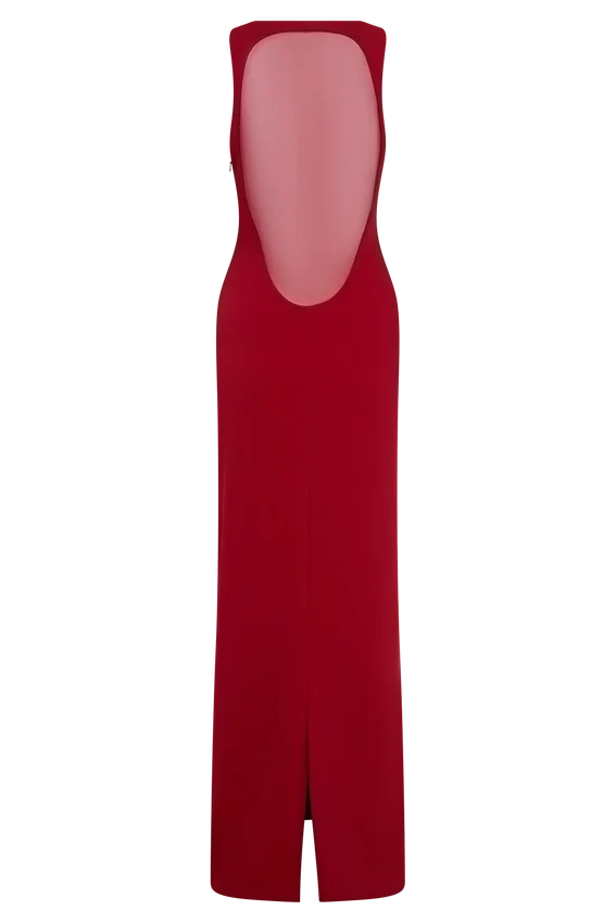 Marlon Crepe And Mesh Maxi Dress – Cherry Red Marlon Crepe And Mesh Maxi Dress – Cherry Red