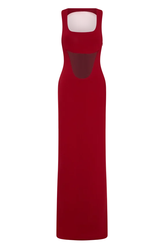 Marlon Crepe And Mesh Maxi Dress – Cherry Red Marlon Crepe And Mesh Maxi Dress – Cherry Red