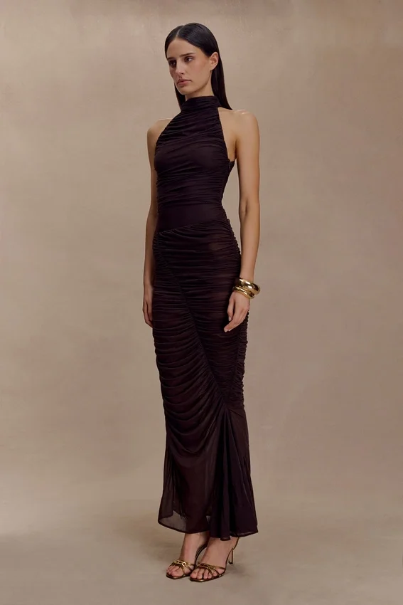 Matilda Ruched Mesh Maxi Skirt – Chocolate Matilda Ruched Mesh Maxi Skirt – Chocolate