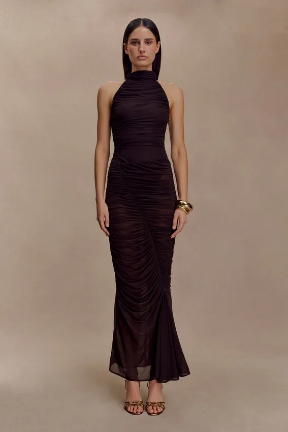 Matilda Ruched Mesh Maxi Skirt – Chocolate Matilda Ruched Mesh Maxi Skirt – Chocolate