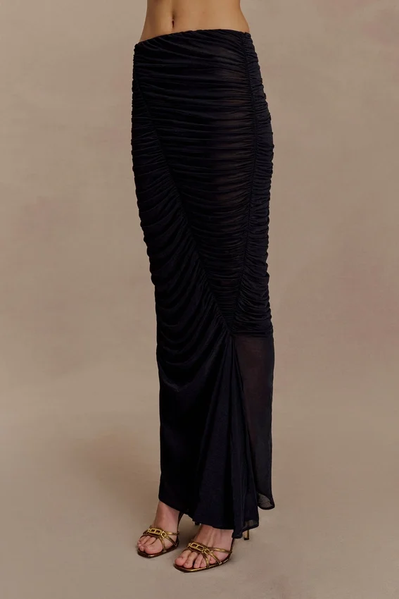Matilda Ruched Mesh Maxi Skirt – Black Matilda Ruched Mesh Maxi Skirt – Black