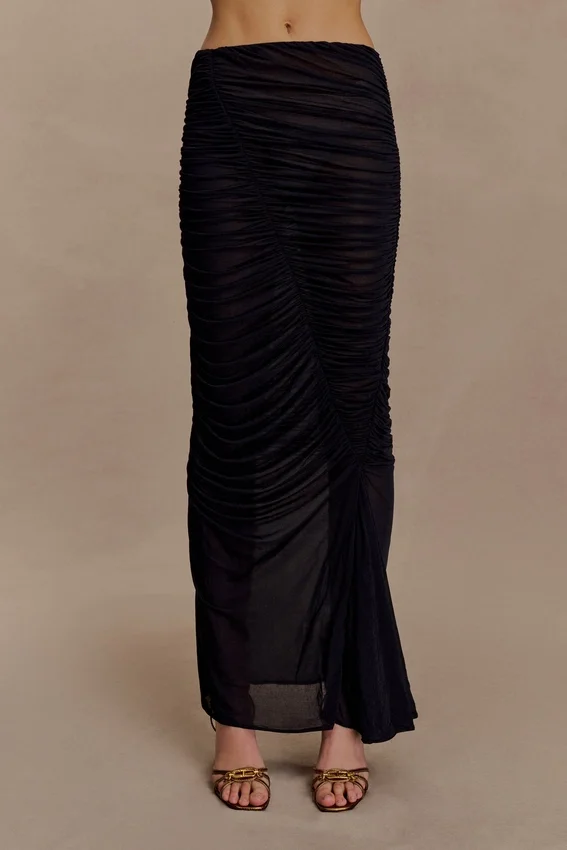 Matilda Ruched Mesh Maxi Skirt – Black Matilda Ruched Mesh Maxi Skirt – Black