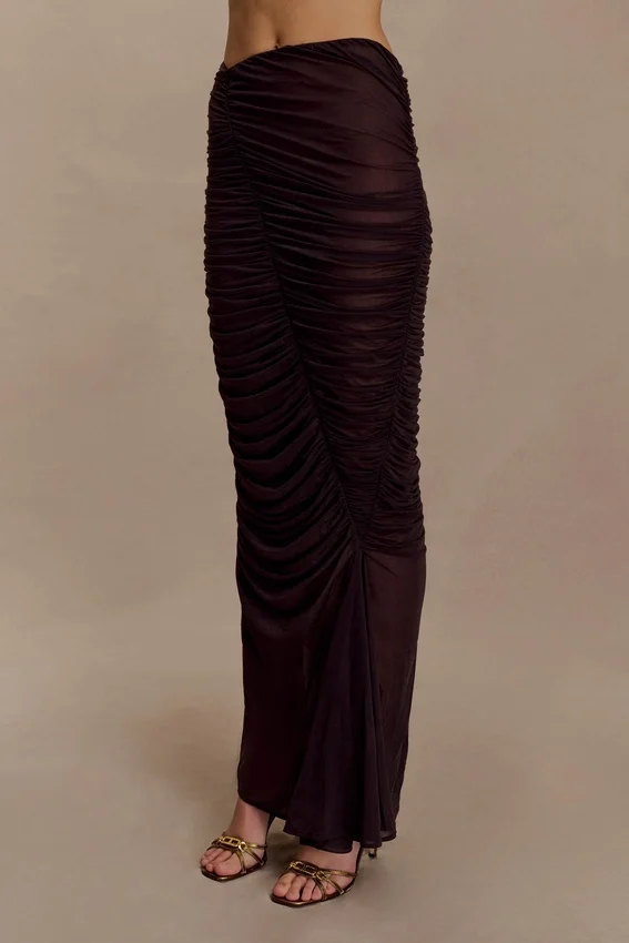 Matilda Ruched Mesh Maxi Skirt – Chocolate Matilda Ruched Mesh Maxi Skirt – Chocolate