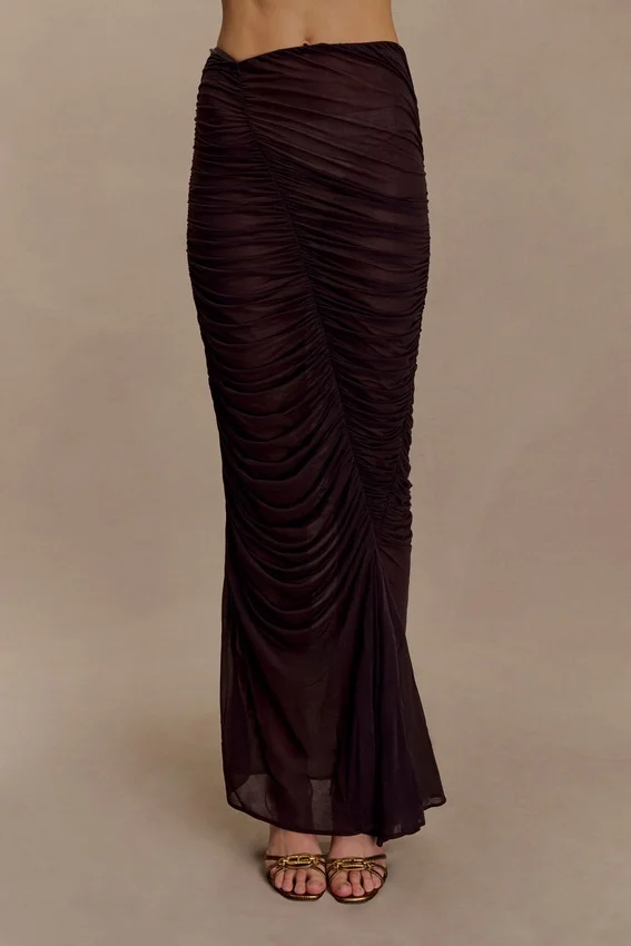 Matilda Ruched Mesh Maxi Skirt – Chocolate Matilda Ruched Mesh Maxi Skirt – Chocolate
