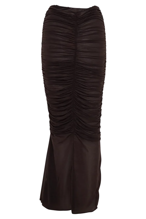 Matilda Ruched Mesh Maxi Skirt – Chocolate Matilda Ruched Mesh Maxi Skirt – Chocolate