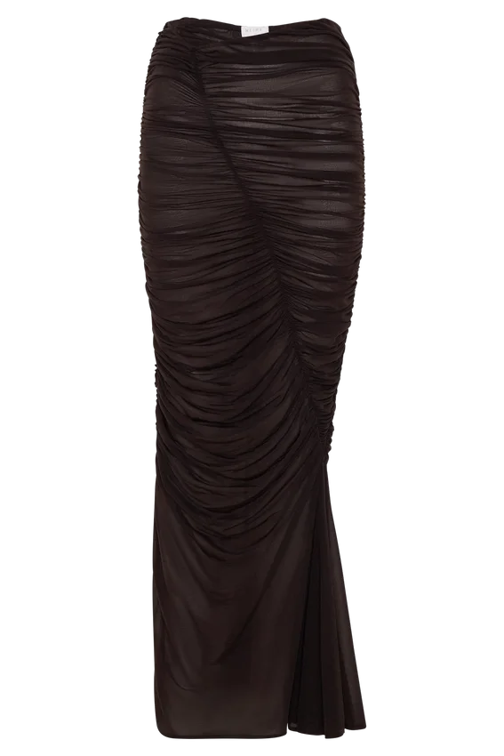 Matilda Ruched Mesh Maxi Skirt – Chocolate Matilda Ruched Mesh Maxi Skirt – Chocolate