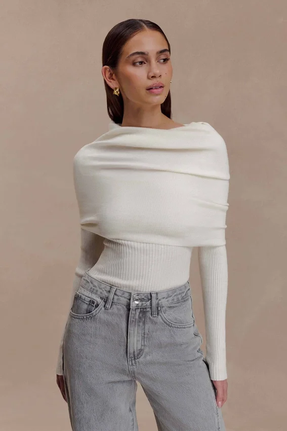 Mazie Asymetrical Cashmere Blend Long Sleeve Knit Top – Ivory Mazie Asymetrical Cashmere Blend Long Sleeve Knit Top – Ivory