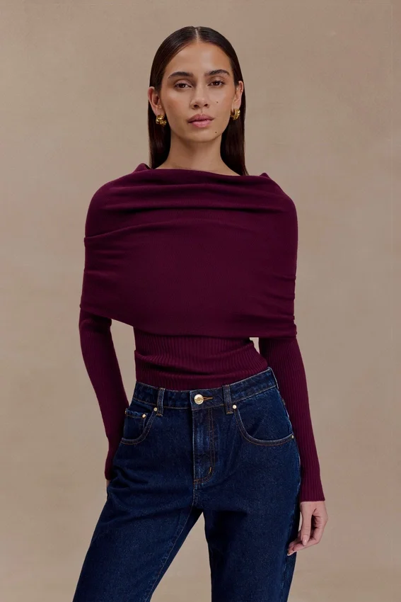 Mazie Asymetrical Cashmere Blend Long Sleeve Knit Top – Plum Mazie Asymetrical Cashmere Blend Long Sleeve Knit Top – Plum