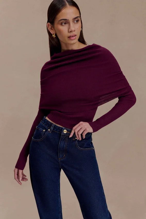 Mazie Asymetrical Cashmere Blend Long Sleeve Knit Top – Plum Mazie Asymetrical Cashmere Blend Long Sleeve Knit Top – Plum