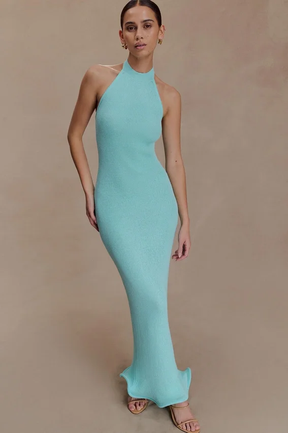 Melodie Halter Knit Maxi Dress – Cyan Blue Melodie Halter Knit Maxi Dress – Cyan Blue