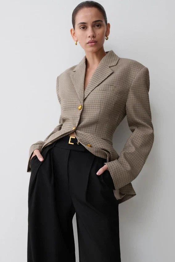 Mila Shaped Blazer – Tan Check Mila Shaped Blazer – Tan Check