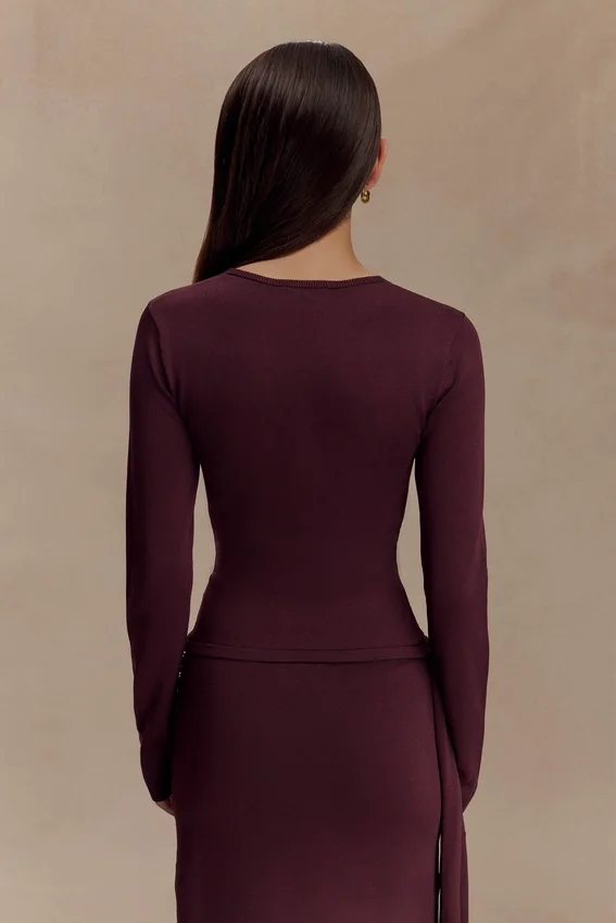 Miraby Front Ruched Knit Long Sleeve Top – Dark Chocolate Miraby Front Ruched Knit Long Sleeve Top – Dark Chocolate