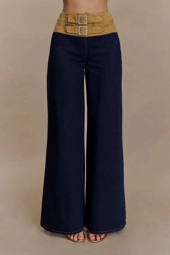 Miranda Faux Suede Belted Denim Wide Leg Jeans – Indigo Blue Miranda Faux Suede Belted Denim Wide Leg Jeans – Indigo Blue