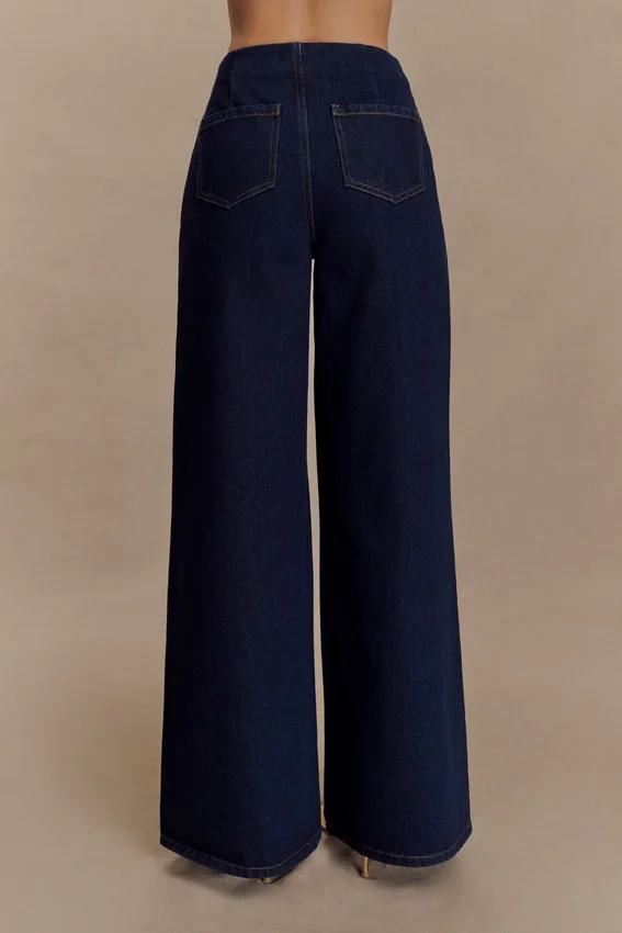 Miranda Faux Suede Belted Denim Wide Leg Jeans – Indigo Blue Miranda Faux Suede Belted Denim Wide Leg Jeans – Indigo Blue