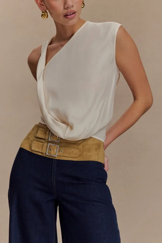 Miranda Faux Suede Belted Denim Wide Leg Jeans – Indigo Blue Miranda Faux Suede Belted Denim Wide Leg Jeans – Indigo Blue