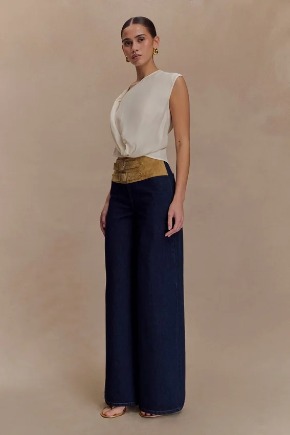 Miranda Faux Suede Belted Denim Wide Leg Jeans – Indigo Blue Miranda Faux Suede Belted Denim Wide Leg Jeans – Indigo Blue